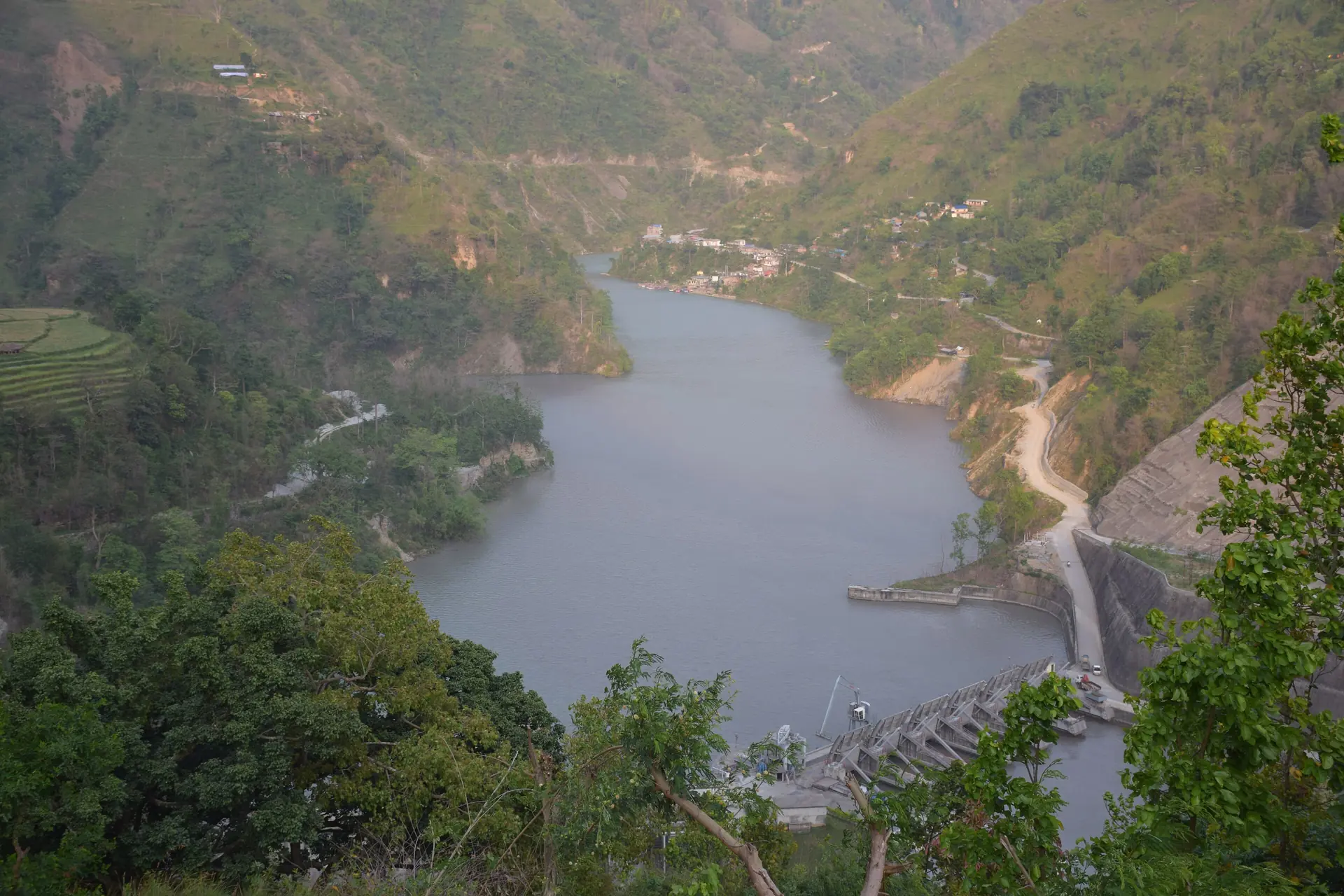 Hydropower infrastructure set within Nepal's mountain landscape